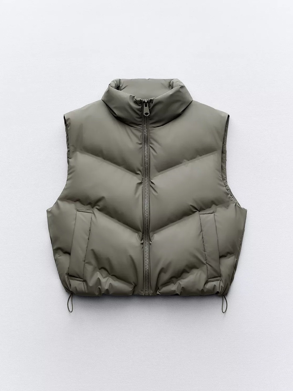 NWT Zara Rubberized Cropped Puffer Vest Khaki Size S